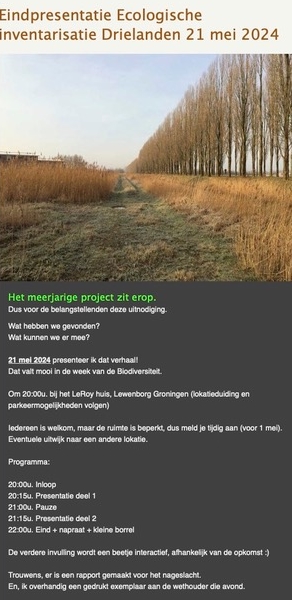 Uitnodiging Eindpresentatie Ecologische Inventarisatie Drielanden